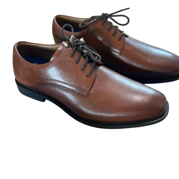 Nunn Bush Cognac Brown Leather Plain Toe Lace Up Oxford 9 Wide Memory Foam - Picture 3 of 14